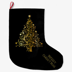 Grande Chaussette De Noël Joyeux Arbre de Noël Etoiles Noir Or brillant Chic