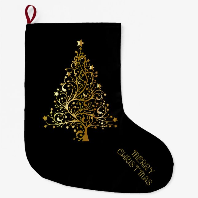Grande Chaussette De Noël Joyeux Arbre de Noël Etoiles Noir Or brillant Chic (Devant)
