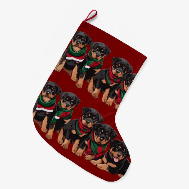 Grande Chaussette De Noël Joyeux Chrismutts Rottweiler Chiots portant des éc (Devant (Accrochage))