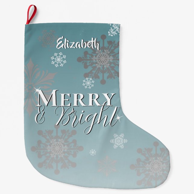 Grande Chaussette De Noël Joyeux et turquoises flocons de neige (Devant)