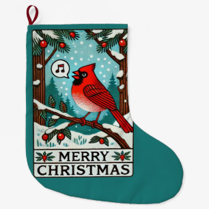 Grande Chaussette De Noël Joyeux Noël Nord Cardinal Rouge