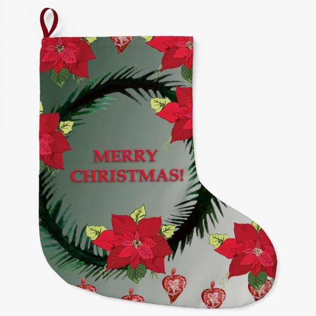 Grande Chaussette De Noël Joyeux Noël Poinsettia Fleurs (Devant)