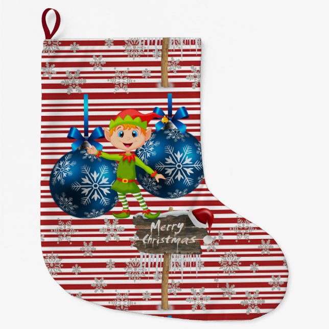 Grande Chaussette De Noël Joyeux Noël Stocker, Elfe de Noël (Devant)