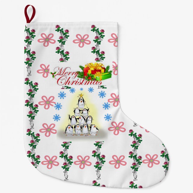 Grande Chaussette De Noël Joyeux Noël Stocker, Pingouin Floral (Devant)