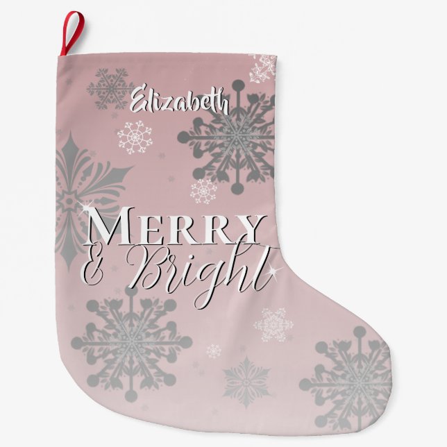 Grande Chaussette De Noël Joyeux rose et flèches de neige brillantes (Devant)