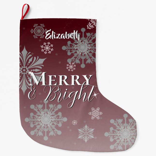Grande Chaussette De Noël Joyeux rouge et flocons de neige brillants (Devant)