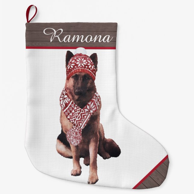 Grande Chaussette De Noël L'adorable berger allemand à Santa Hat (Devant)