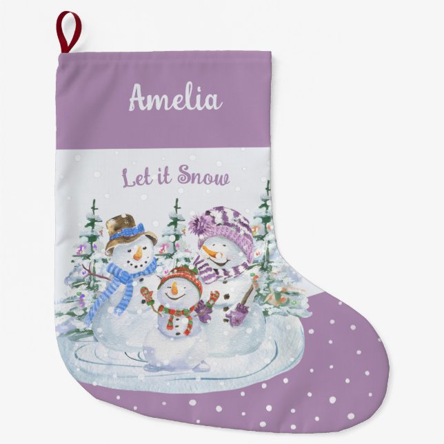 Grande Chaussette De Noël Laisser neiger heureux Snowman famille Lavender (Devant)