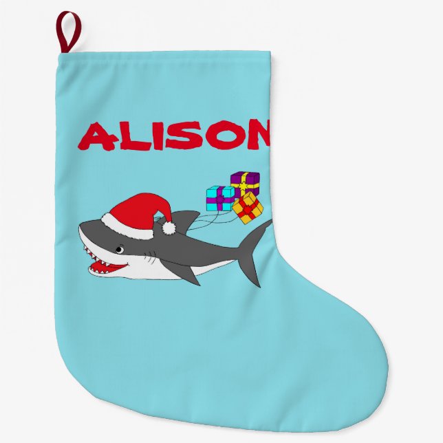 Grande Chaussette De Noël Le bas de Noël avec un joli requin de Noël (Devant)