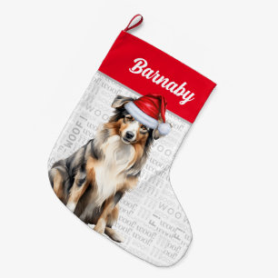 Grande Chaussette De Noël Le berger australien de Noël avec le nom du chien