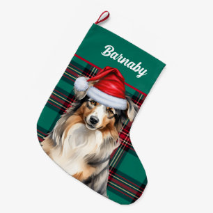 Grande Chaussette De Noël Le berger australien Green Plaid avec le nom du ch