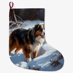 Grande Chaussette De Noël Le Berger Australien Laisser Neige Noël