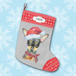 Grande Chaussette De Noël Le Santa Hat Chihuahua avec la frontière des floco