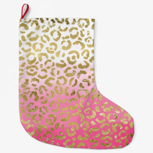 Grande Chaussette De Noël Léopard doré rose-blanc