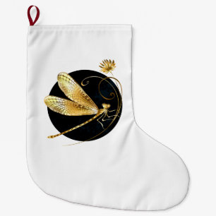 Grande Chaussette De Noël libellule d'or en cercle noir