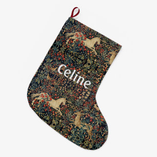 Grande Chaussette De Noël LICORNE ET CERF, FLEURS, ANIMAUX DE LA FORÊT Flora