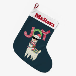 Grande Chaussette De Noël Llama portant un chapeau de Père Noël et lunettes
