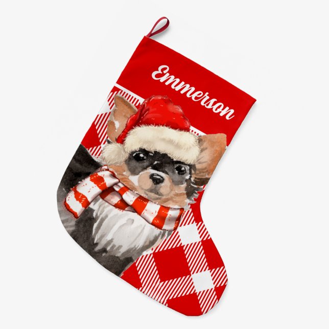 Grande Chaussette De Noël Long Haired Chihuahua Red Plaid avec le nom du chi (Devant (Accrochage))