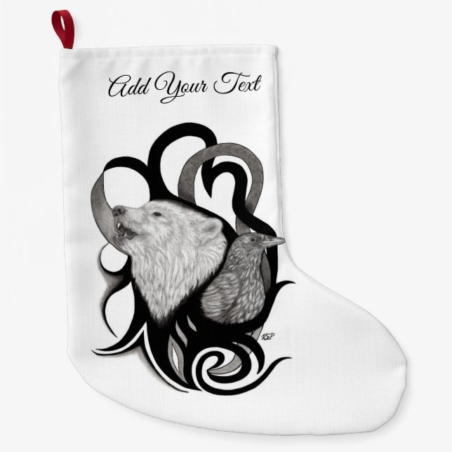 Grande Chaussette De Noël Loup blanc avec art tribal coréen (Devant)