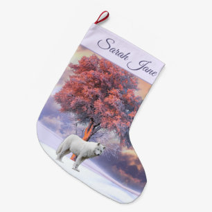 Grande Chaussette De Noël Loup blanc en hiver   Stockage de Noël rose