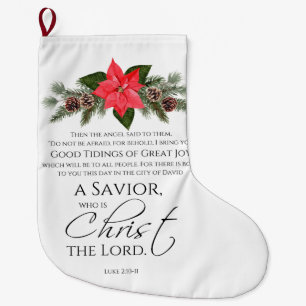 Grande Chaussette De Noël Luc 2:10-11 Écriture de Noël Poinsettia
