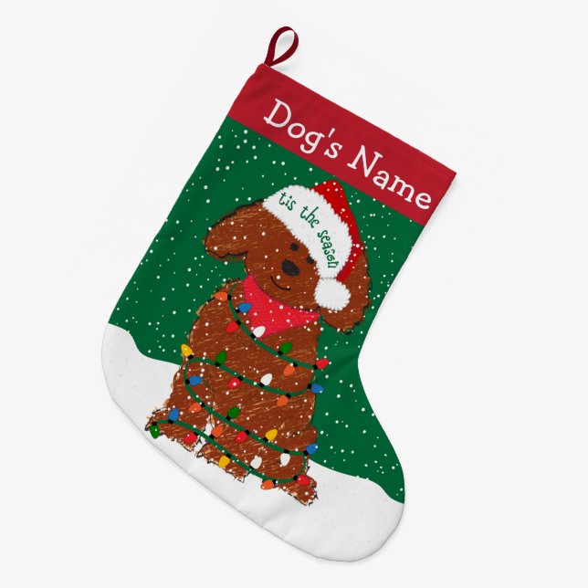 Grande Chaussette De Noël Lumières de Noël personnalisées Rouge Goldendoodle (Devant (Accrochage))