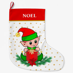 Grande Chaussette De Noël Lutins de Noël, étoiles, poinsettia et pin