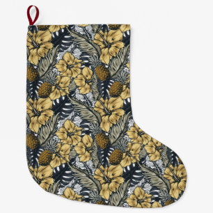 Grande Chaussette De Noël Luxe Elegant Or N' Black Tropical Flowers