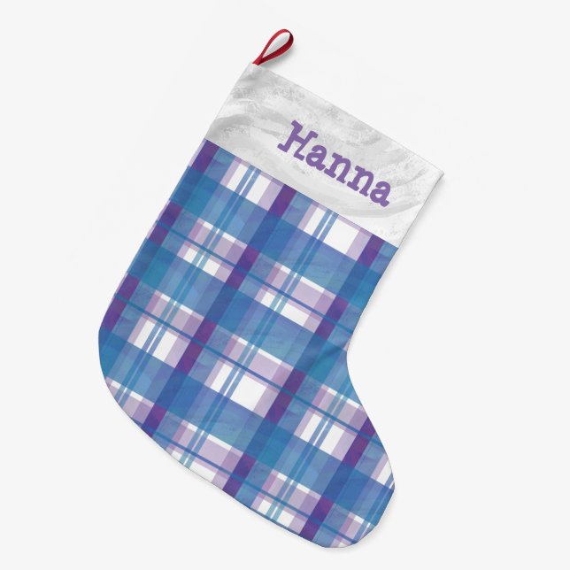 Grande Chaussette De Noël Madras Plaid Blue et Purple (Devant (Accrochage))