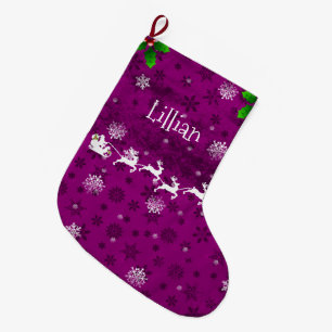 Grande Chaussette De Noël Magenta Père Noël sertissage et rennes