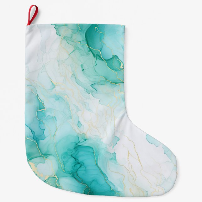 Grande Chaussette De Noël Marbre blanc Mint Green Gold (Devant)