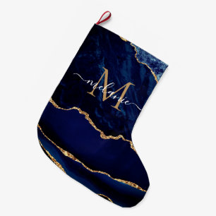 Grande Chaussette De Noël Marine Blue Gold Votre lettre Nom Noël Stocker