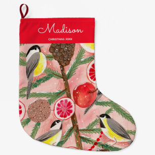 Grande Chaussette De Noël Mésange oiseau Noël