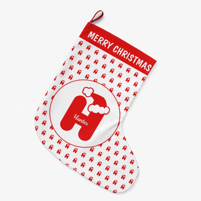 Grande Chaussette De Noël Mignarde Père Noël Casquette Motif Monogramme H (Devant (Accrochage))
