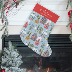 Grande Chaussette De Noël Mignonne Winter House Village Scène Motif de Noël