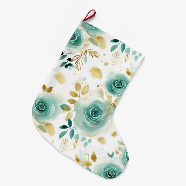 Grande Chaussette De Noël Mint Vert Blanc or Rose Floral (Devant (Accrochage))