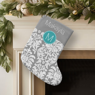 Grande Chaussette De Noël Modèle gris chic et Damas Turquoise Monogramme pe