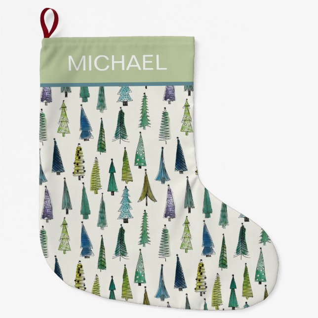 Grande Chaussette De Noël Modern Christmas Trees Pattern Personalised (Devant)