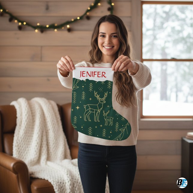 Grande Chaussette De Noël Modern Geometric Deer-Forest Green & Gold Minima (#christmas)