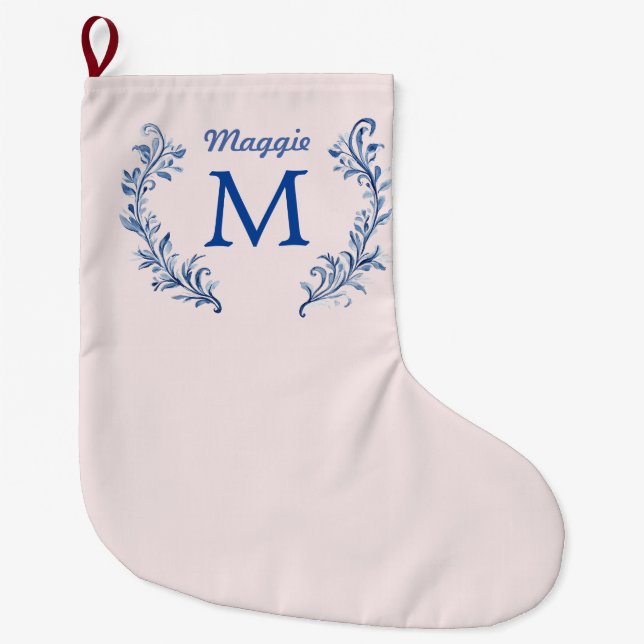 Grande Chaussette De Noël Monogramme Bleu Marine Crest sur rose pâle (Devant)