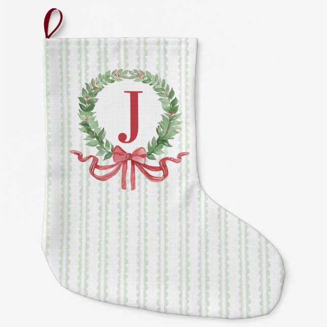 Grande Chaussette De Noël Monogramme de couronne de Noël (Devant)