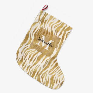 Grande Chaussette De Noël Monogramme d'impression Cream Gold Zebra     