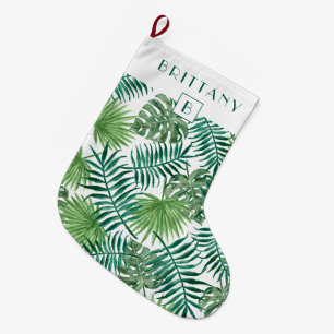 Grande Chaussette De Noël Monogramme Feuilles de Palmier Tropicales Vert