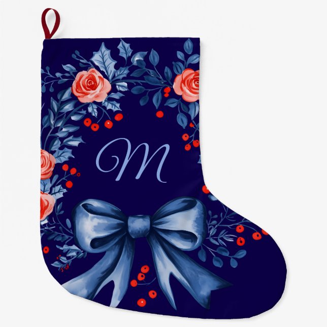 Grande Chaussette De Noël Monogramme Rose rouge bleu Noël (Devant)