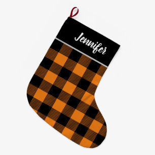Grande Chaussette De Noël Monogramme Russe Orange et Black Buffalo Check