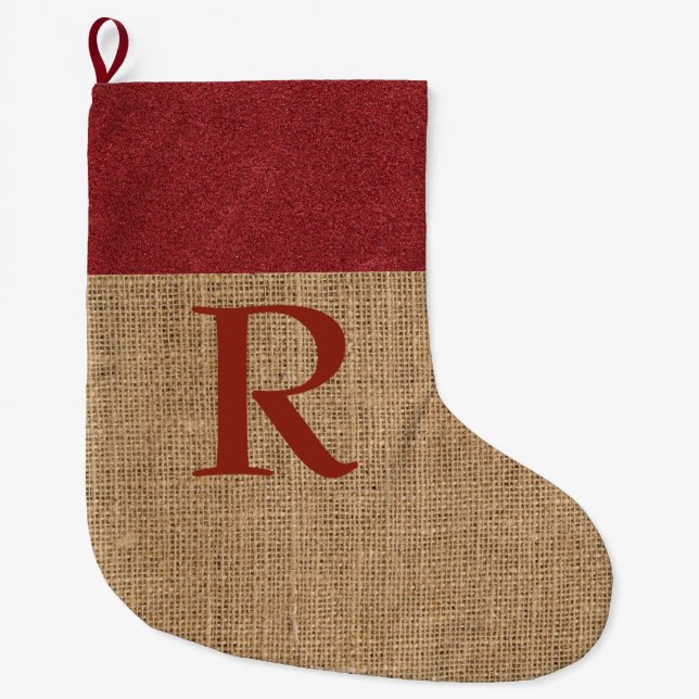 Grande Chaussette De Noël MONOGRAMME rustique Noël Stocker Rouge Faux Burlap (Devant)