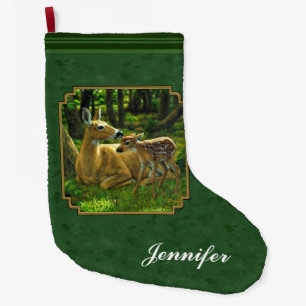 Grande Chaussette De Noël Mother Deer and Fawn Forest Green