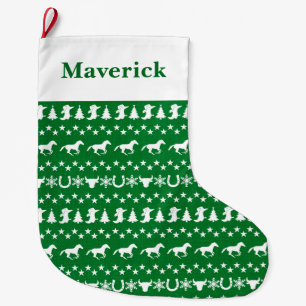 Grande Chaussette De Noël Motif de cheval de Noël rustique de campagne vert