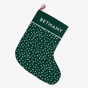 Grande Chaussette De Noël Motif de neige vert et blanc mignon Nom personnali