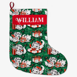 Grande Chaussette De Noël motif de Noël Vintage Vert des années 50 avec chat